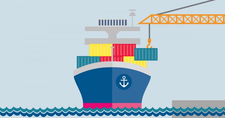 Cartoon image of a container ship being loaded at a port