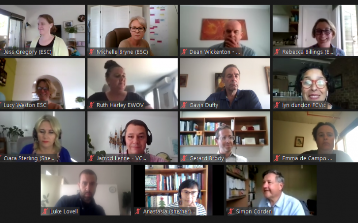 A screenshot of attendees at a virtual event with community support organisations and the Essential Services Commission