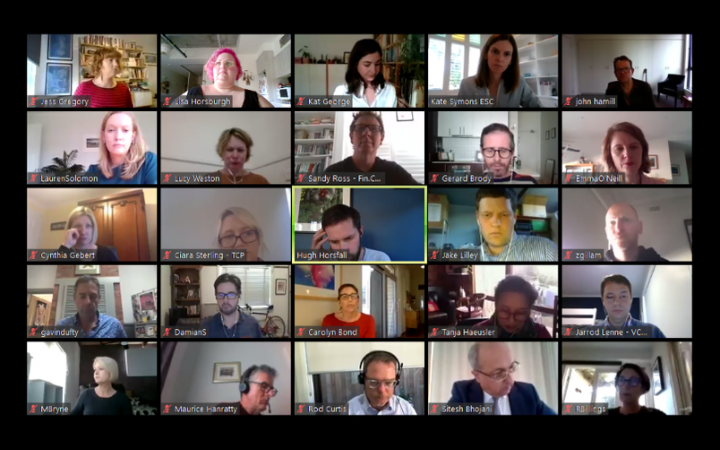 Screenshot of virtual attendees at urgent roundtable with senior community help sector representatives in April 2020